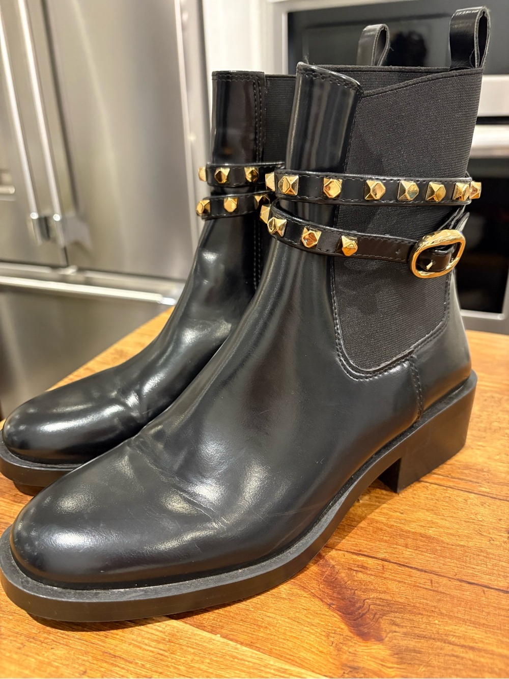 Zara Black  Stud-Trim Chelsea Boots with Gold Hardware